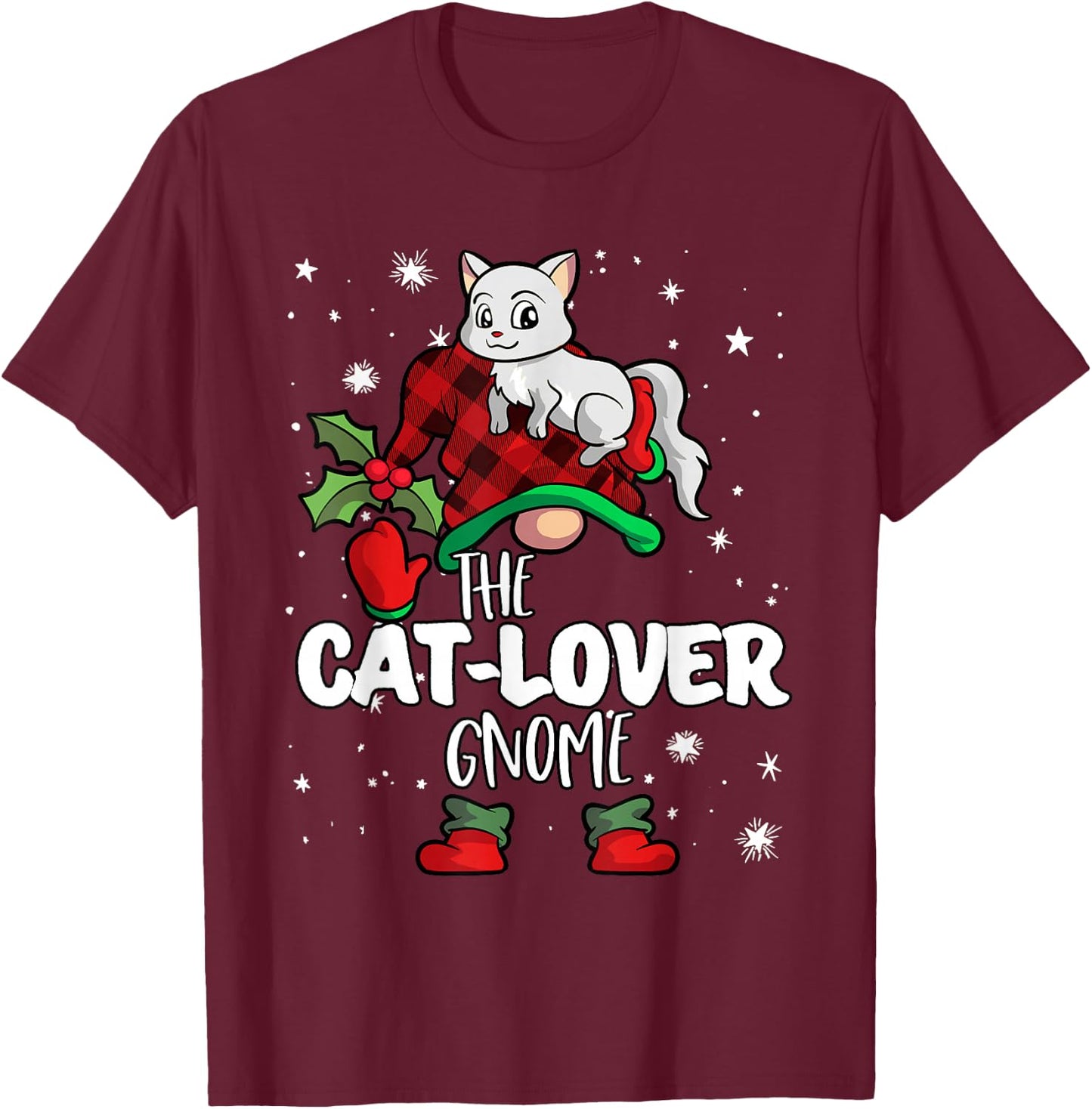 Cat Lover Gnome Red Buffalo Plaid Matching Family Christmas T-Shirt - T-Shirt | Maroon