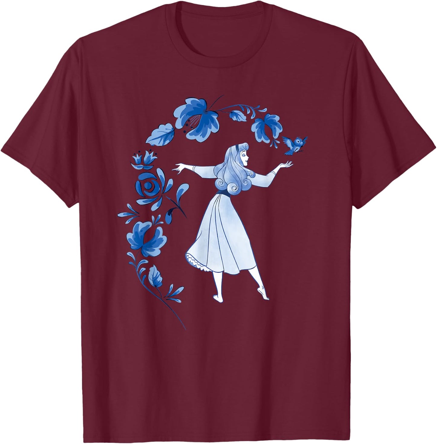 Disney Sleeping Beauty Princess Aurora Blue Flowers T-Shirt - T-Shirt | Maroon