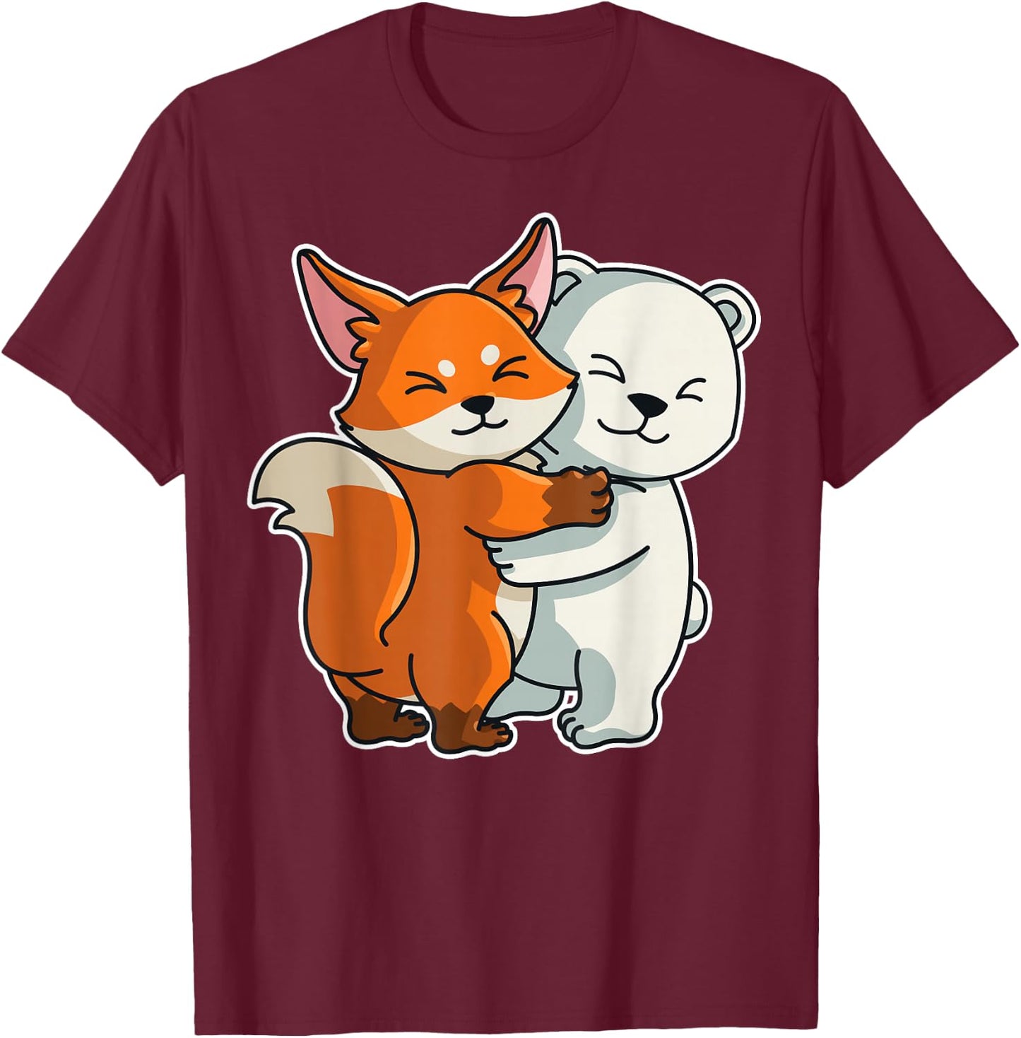 Polar Bear and Fox Cute Animals Animal Hugging T-Shirt - T-Shirt | Maroon