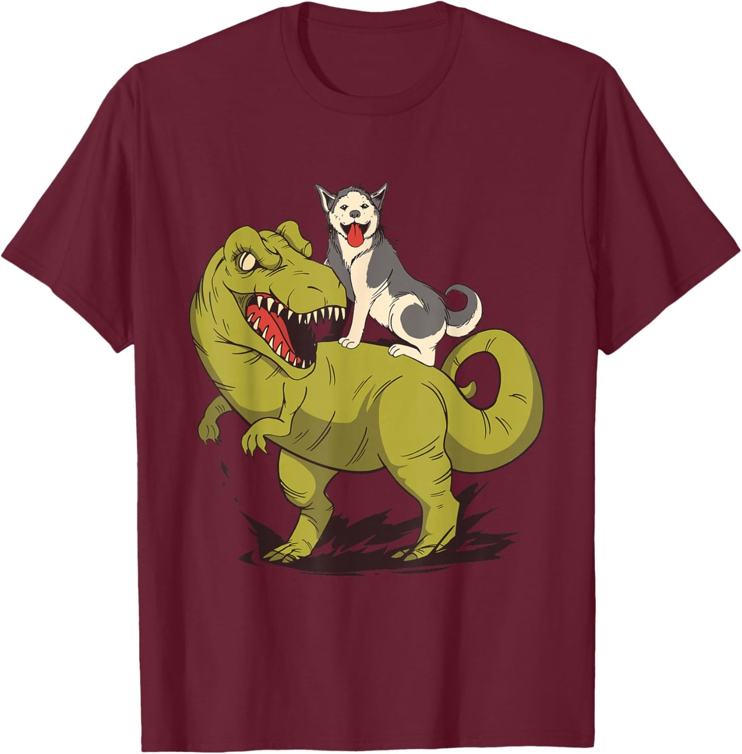 Funny Siberian Husky Dog Riding Dinosaur T-Shirt - T-Shirt | Maroon