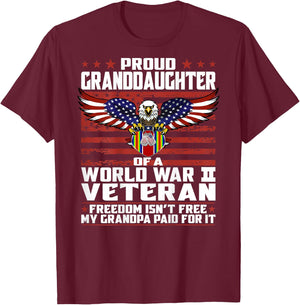 Proud Granddaughter Of A World War 2 Veteran Ribbon Gift T-Shirt - T-Shirt | Maroon