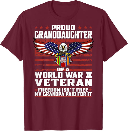Proud Granddaughter Of A World War 2 Veteran Ribbon Gift T-Shirt - T-Shirt | Maroon