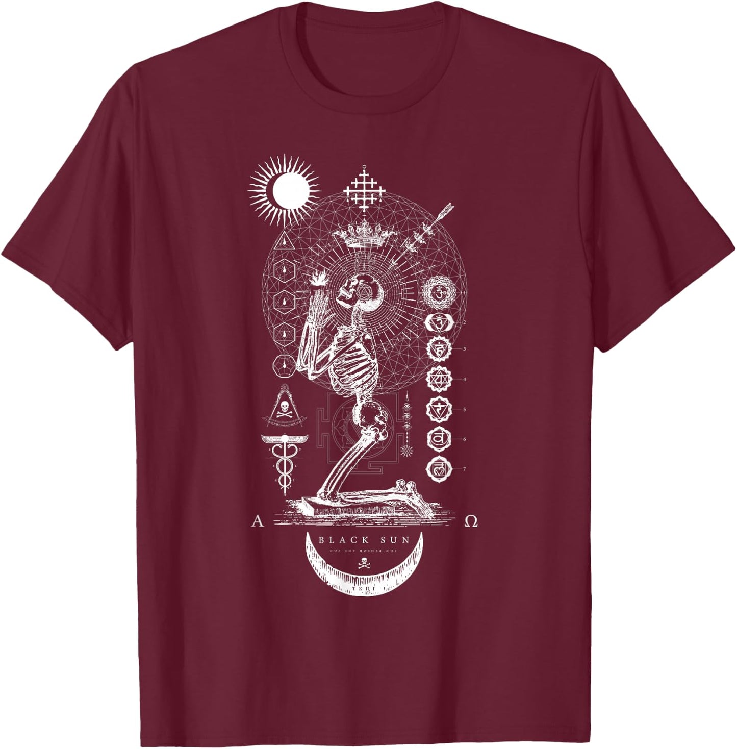 Black Sun Praying Skeleton - Occult Sacred Geometry T-Shirt - T-Shirt | Maroon
