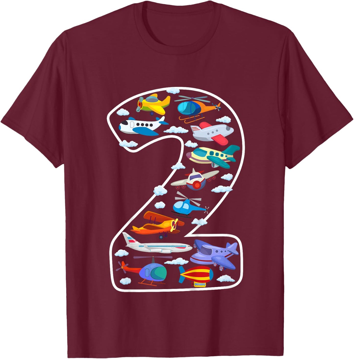 Kids Its My 2nd Birthday Boys 2 Airplanes Helicopters 2 Years Old T-Shirt - T-Shirt | Maroon