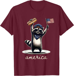 4th of July America Raccoon Holding Hotdog and US Flag T-Shirt - T-Shirt | Maroon