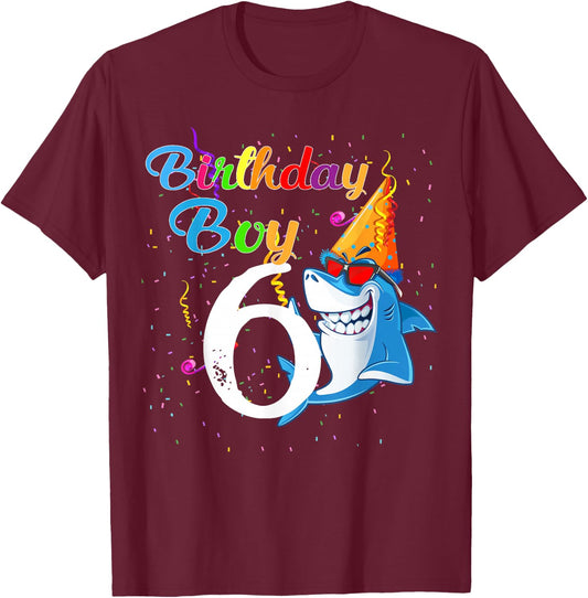 6th Birthday Boy Shark - 6 Year Old Boy Birthday T-Shirt - T-Shirt | Maroon