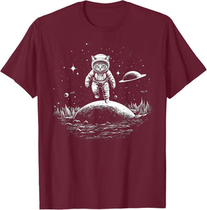 Cat Astronaut in Space T-Shirt - T-Shirt | Maroon