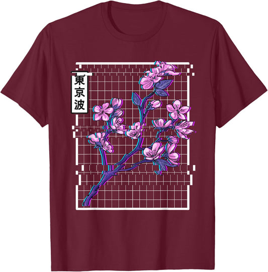 Cherry Blossom Glitch Vaporwave Aesthetic Pastel Japan Art T-Shirt - T-Shirt | Maroon