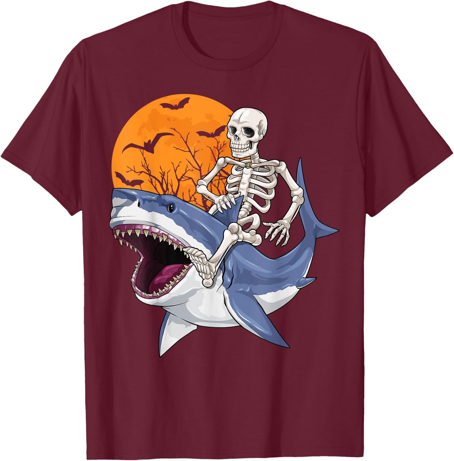 Skeleton Riding Shark Funny Halloween Costume Boys Kids T-Shirt - T-Shirt | Maroon