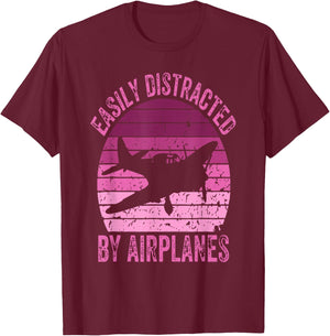Easily Distracted By Airplanes Funny Pilot Aviation Women T-Shirt - T-Shirt | Maroon