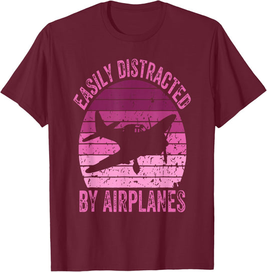 Easily Distracted By Airplanes Funny Pilot Aviation Women T-Shirt - T-Shirt | Maroon