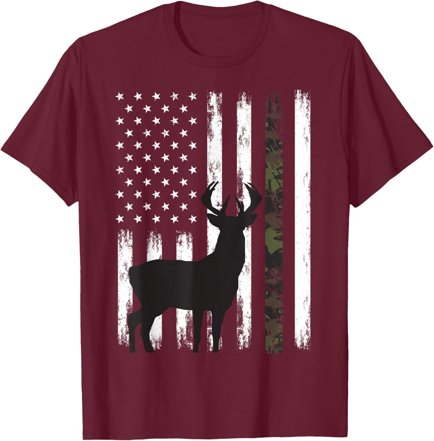 Whitetail Deer Hunting Hunter Buck Camo American Flag USA T-Shirt - T-Shirt | Maroon