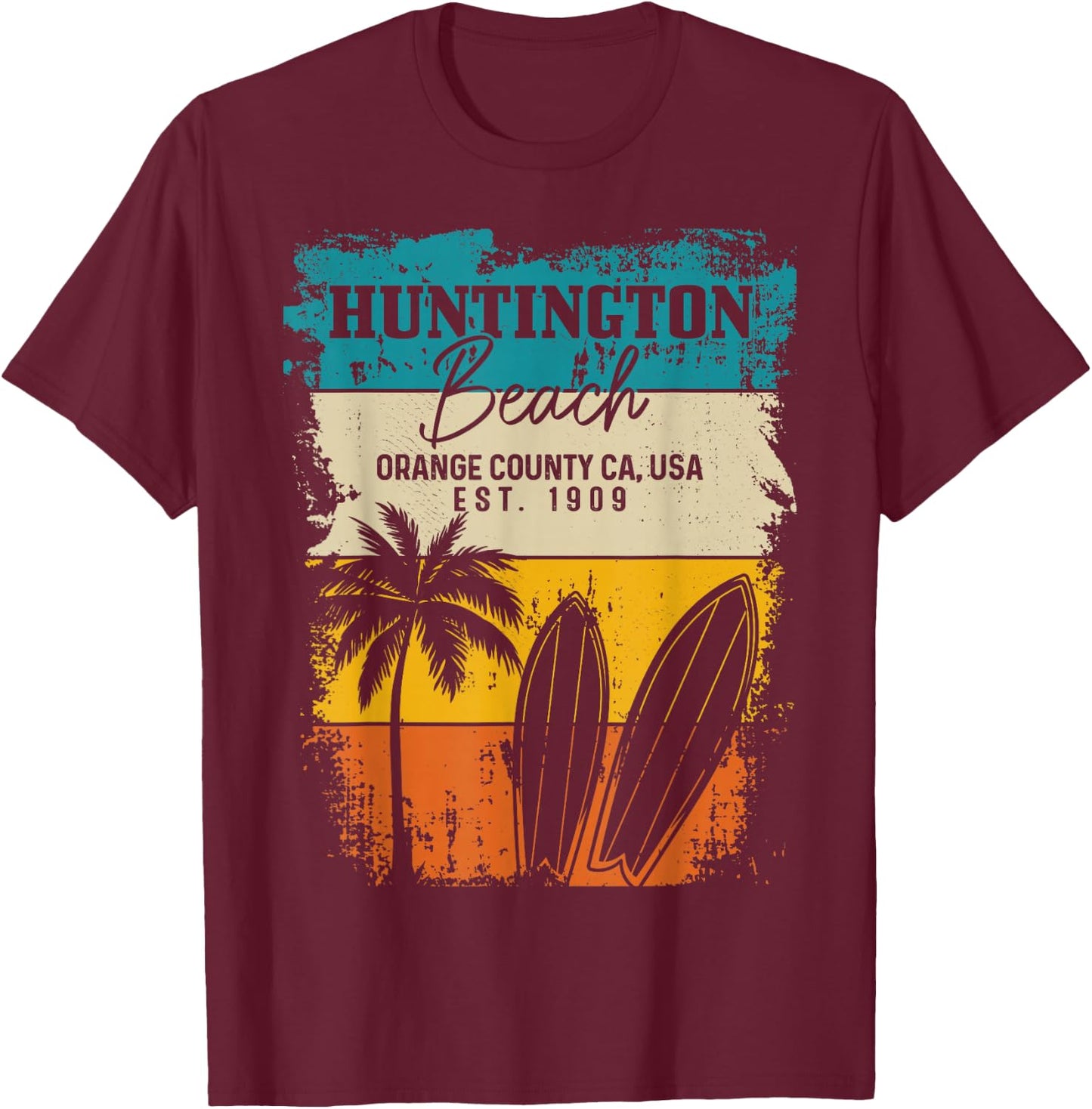 Huntington Beach Surfing Vintage Orange County California T-Shirt - T-Shirt | Maroon
