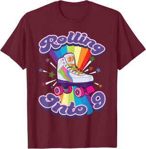 Roller Skating 9 Years Old 9th Birthday Girl Skate 80's Gift T-Shirt - T-Shirt | Maroon