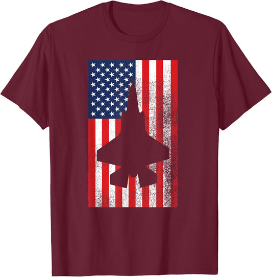 American Flag Patriotic F35 Fighter Jet Red White Blue Pilot T-Shirt - T-Shirt | Maroon