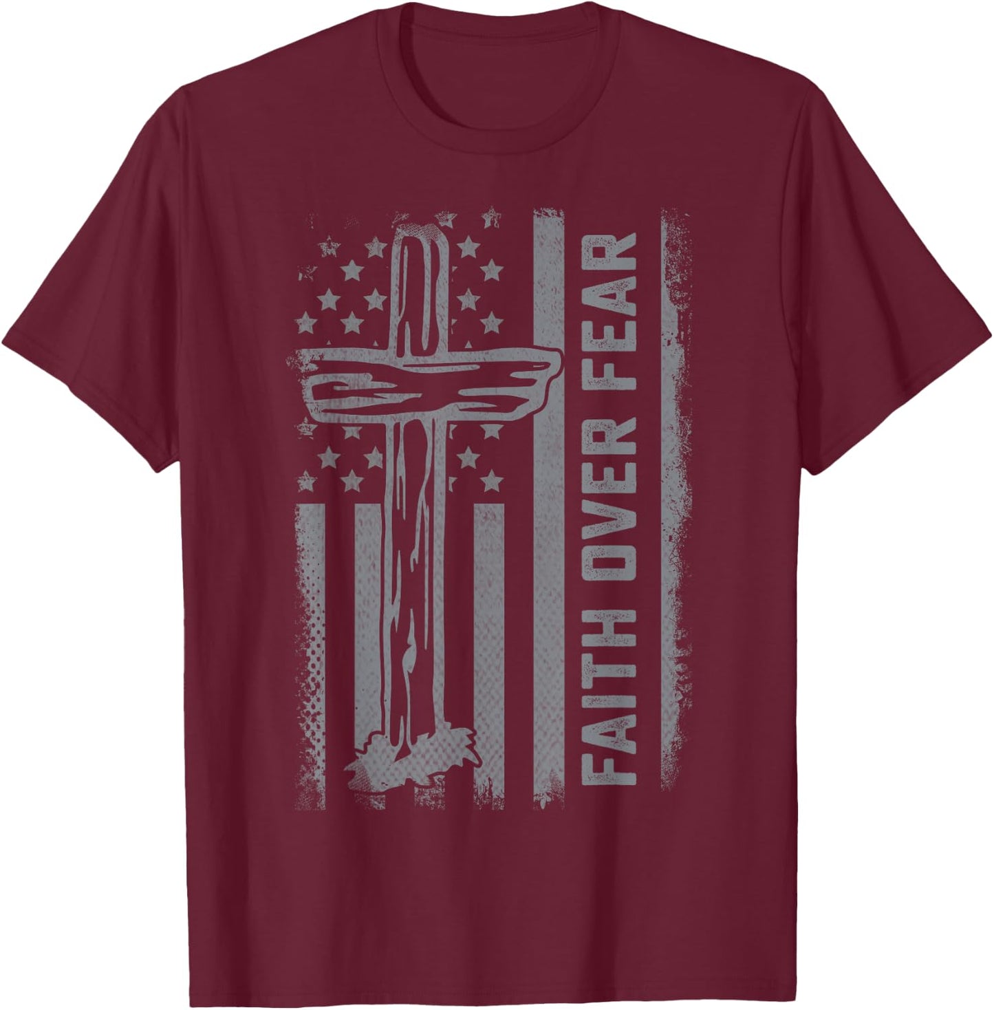 Christian US Flag Cross Faith Over Fear Men Women Kids T-Shirt - T-Shirt | Maroon