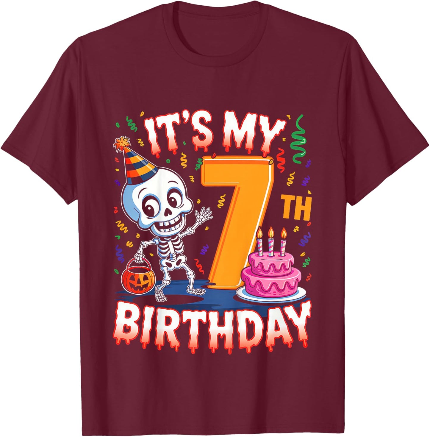 Kids Boo It's My 7th Birthday Halloween Skeleton 7 Years Old T-Shirt - T-Shirt | Maroon