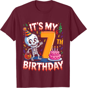 Kids Boo It's My 7th Birthday Halloween Skeleton 7 Years Old T-Shirt - T-Shirt | Maroon