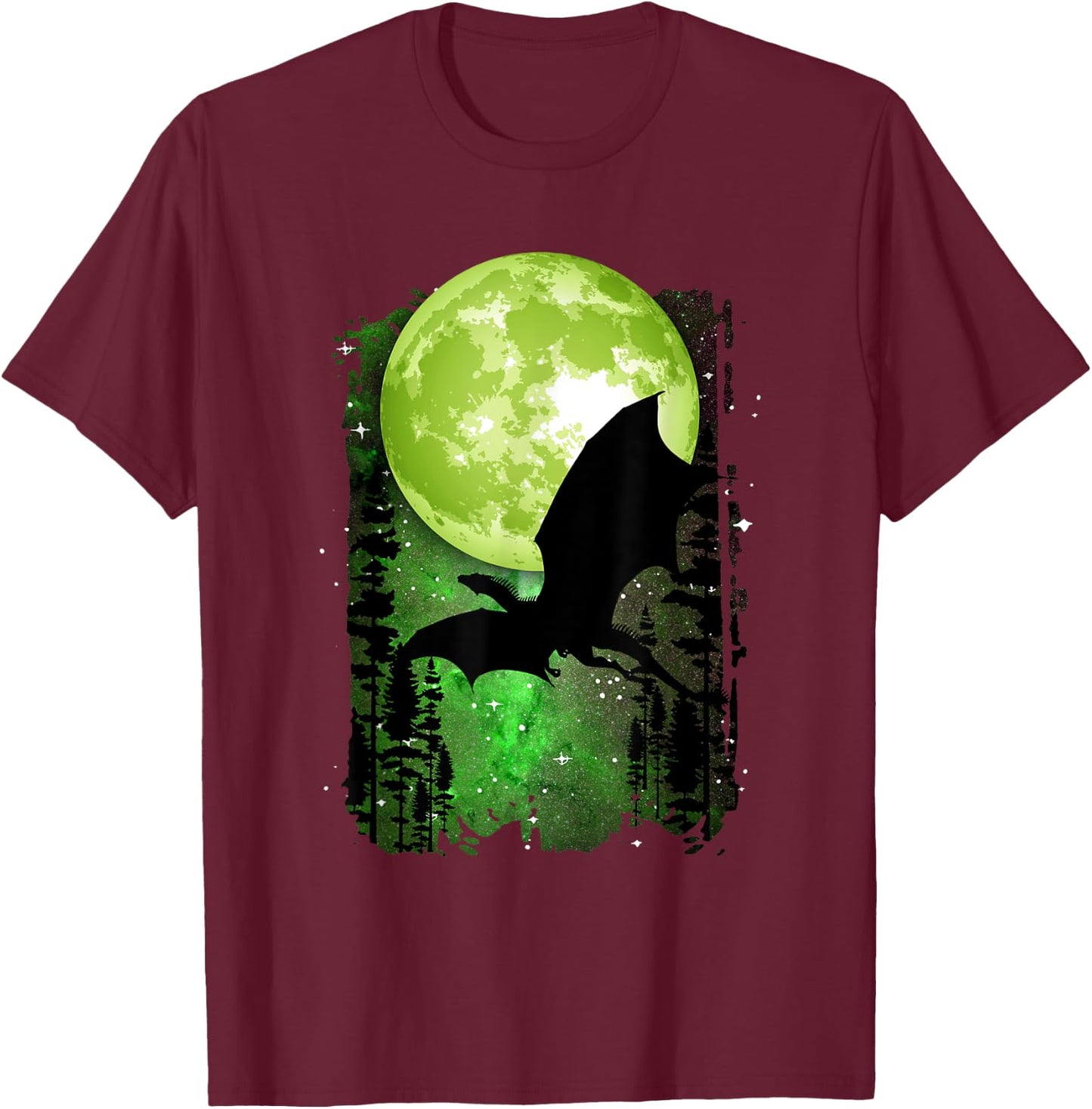Dragon Fantasy Full Moon Galaxy Star Night Graphic T-Shirt - T-Shirt | Maroon