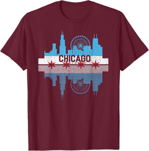 Vintage Chicago Illinois Flag Skyline Men Women T-Shirt - T-Shirt | Maroon