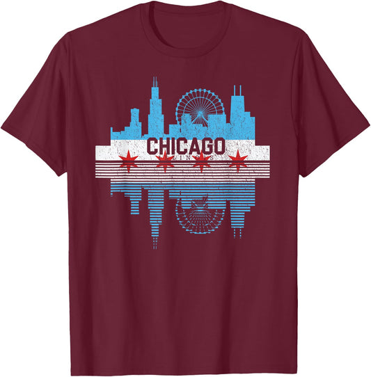 Vintage Chicago Illinois Flag Skyline Men Women T-Shirt - T-Shirt | Maroon