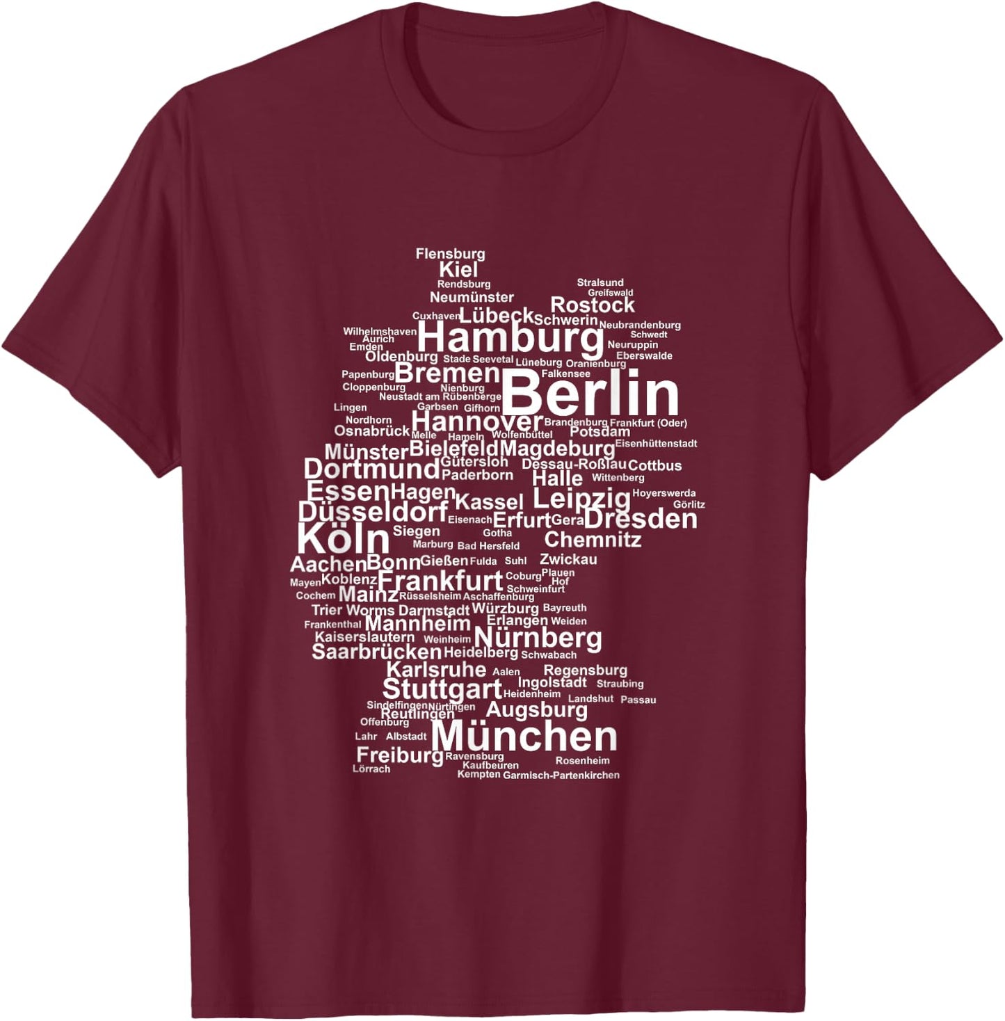 Germany Map Silhouette Towns Cities Berlin Hamburg Travel T-Shirt - T-Shirt | Maroon