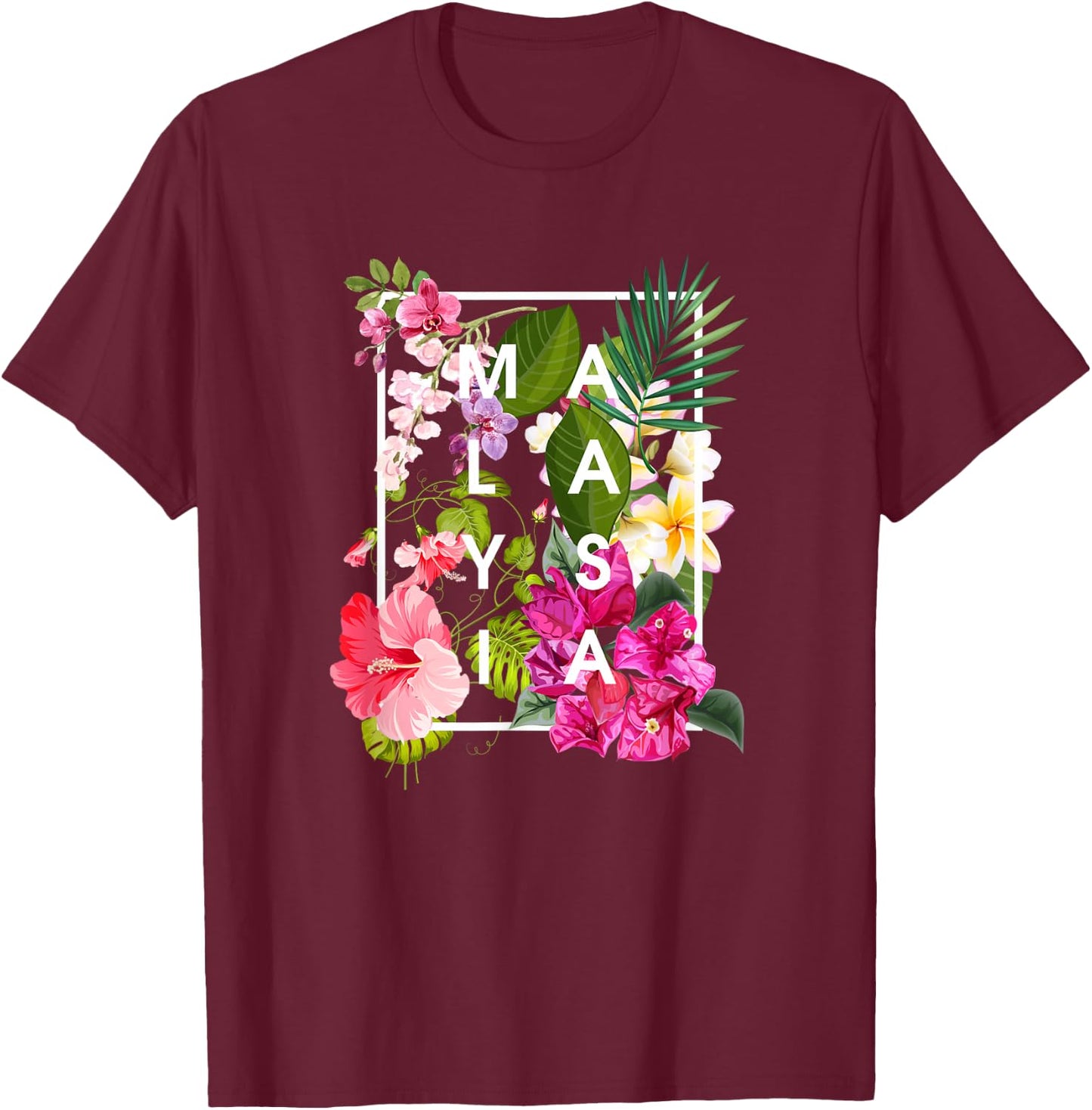 Flowers of Malaysia Word Art - Malaysian Pride T-Shirt - T-Shirt | Maroon