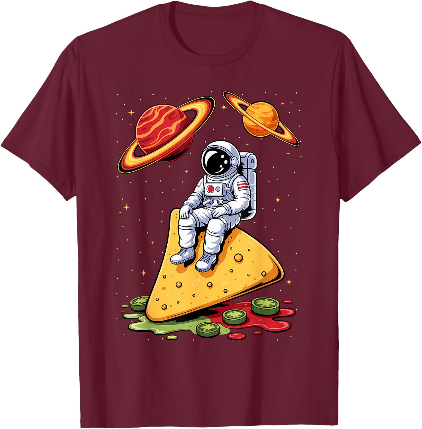 Astronaut Space Nachos Planet Stars Galaxy Cinco De Mayo T-Shirt - T-Shirt | Maroon