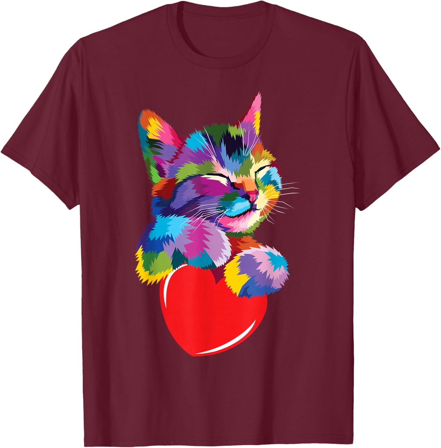 Color Critters Rainbow Cute Cat Hugging Valentine Heart Kitty Love Cat Adult Multicolor Cotton 65% Polyester 35% Short Sleeve T-Shirt - T-Shirt | Maroon