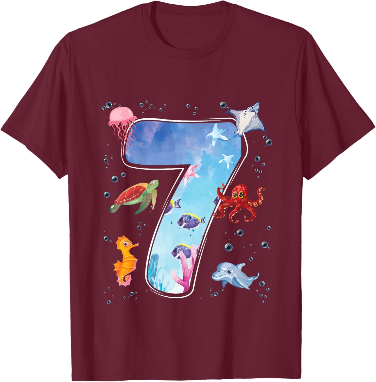 Kids 7th Birthday Party Ocean 7 Year Old Sea Fish Aquarium Boy T-Shirt - T-Shirt | Maroon
