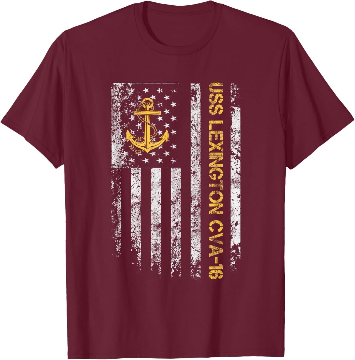 USS Lexington CVA-16 Aircraft Carrier American Flag Veteran T-Shirt - T-Shirt | Maroon