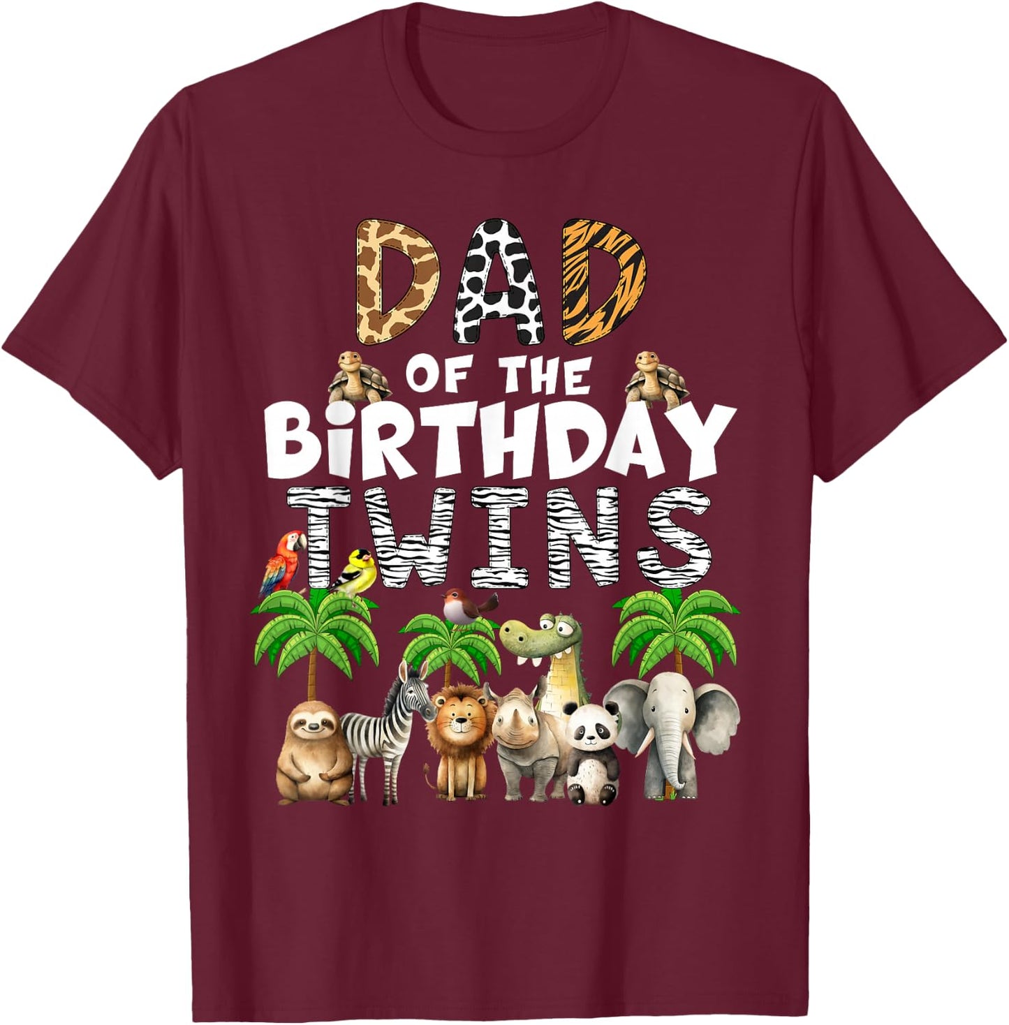 Dad Of The Birthday Twins Safari Wild Theme Zoo Animals T-Shirt - T-Shirt | Maroon