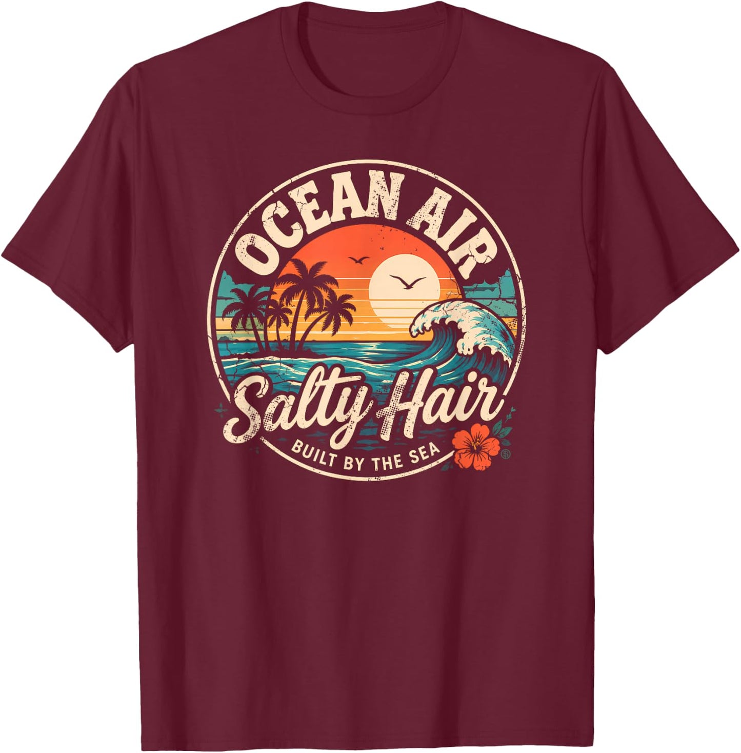 Ocean Air Salty Hair Beach Club Retro Coastal Sunset T-Shirt - T-Shirt | Maroon