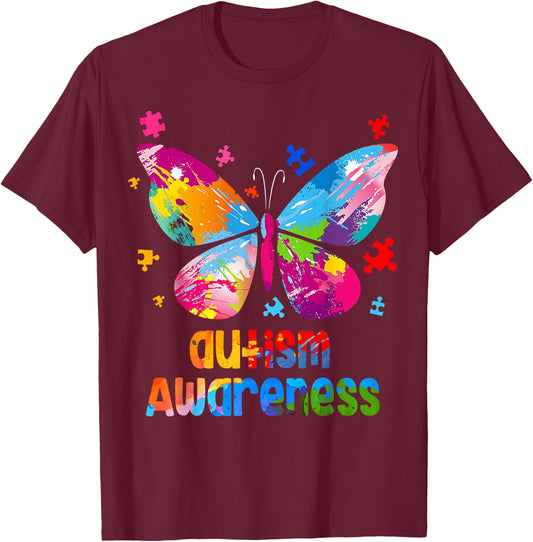 Autism Awareness Colorful Butterfly Puzzle T-Shirt - T-Shirt | Maroon