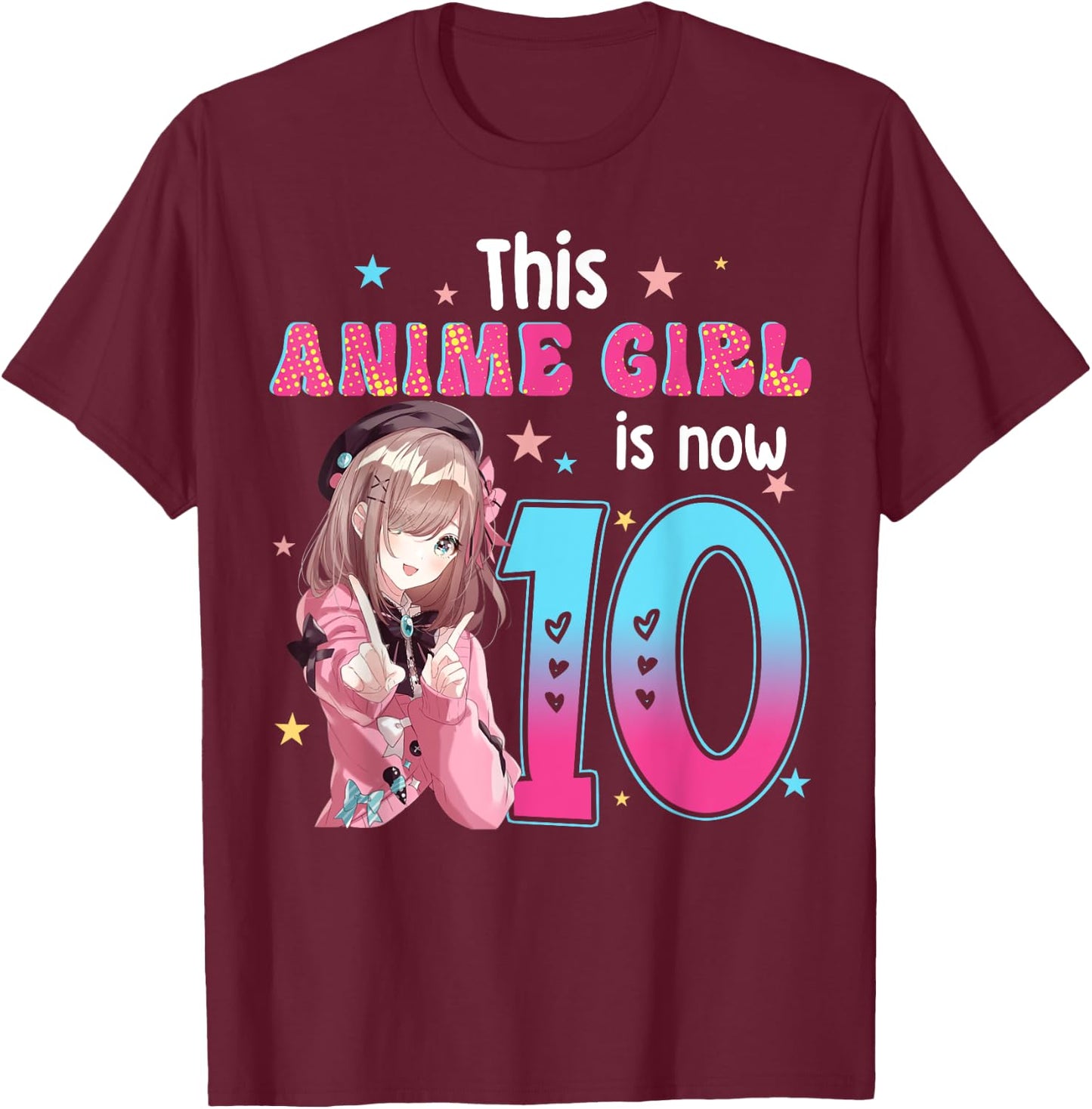 10 Years Old Girl Kawaii Gifts Anime Girl 10th Birthday Kids T-Shirt - T-Shirt | Maroon