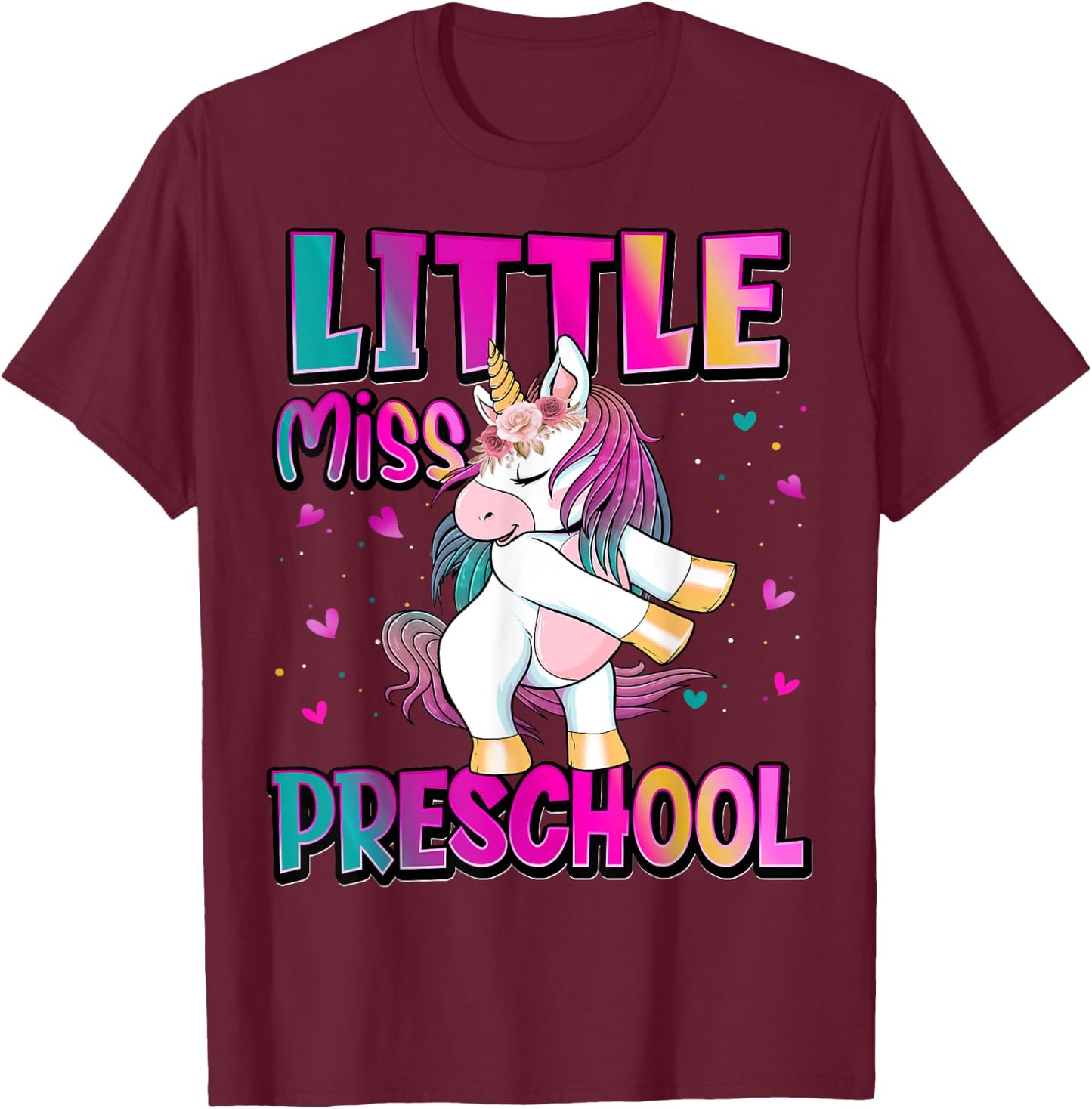 Little Miss Preschool Back To School Girls Preschool Unicorn T-Shirt - T-Shirt | Maroon