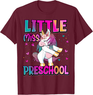 Little Miss Preschool Back To School Girls Preschool Unicorn T-Shirt - T-Shirt | Maroon