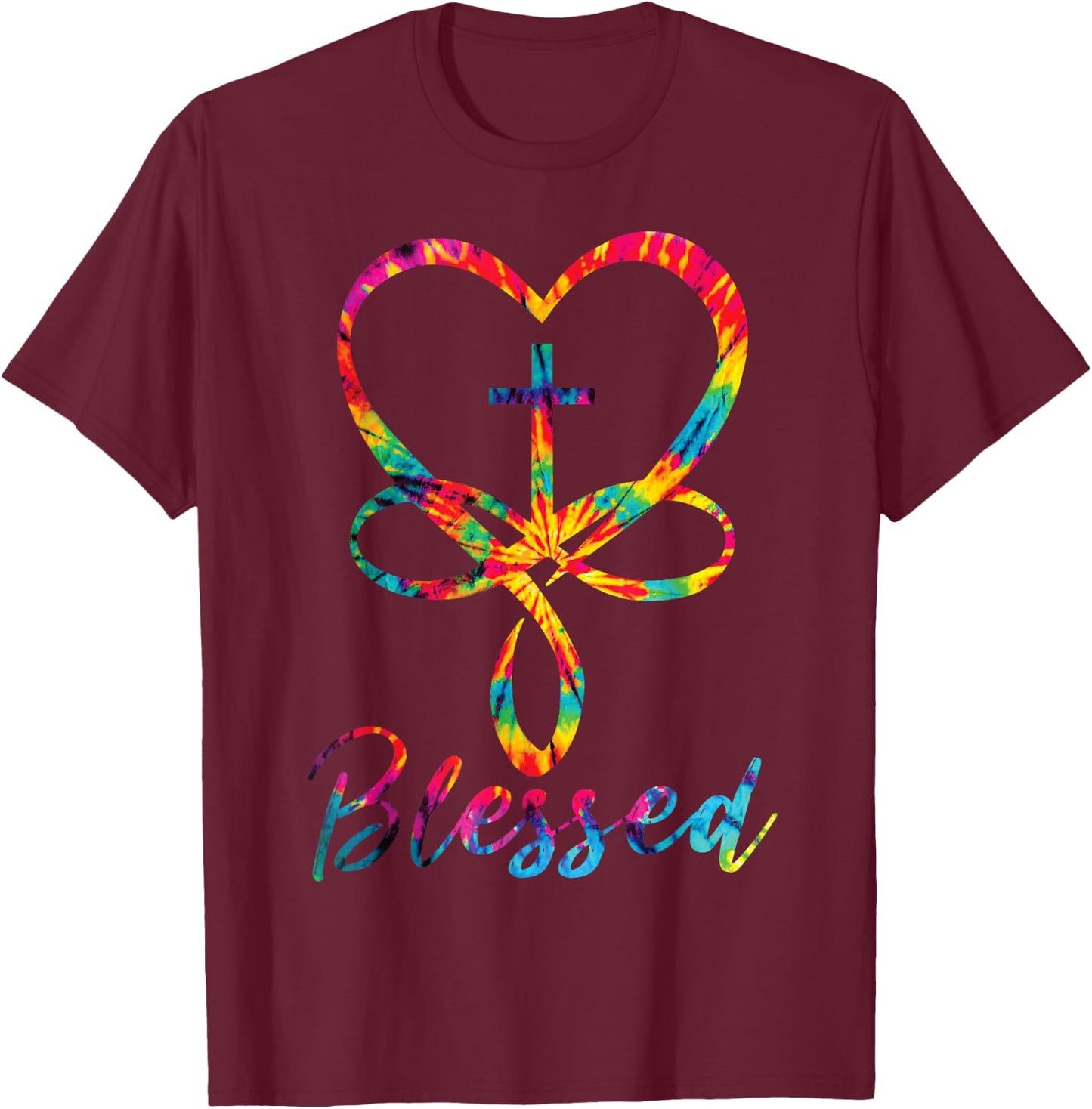 Blessed Tie Dye Christian Heart Jesus Cross Christian Cute T-Shirt - T-Shirt | Maroon