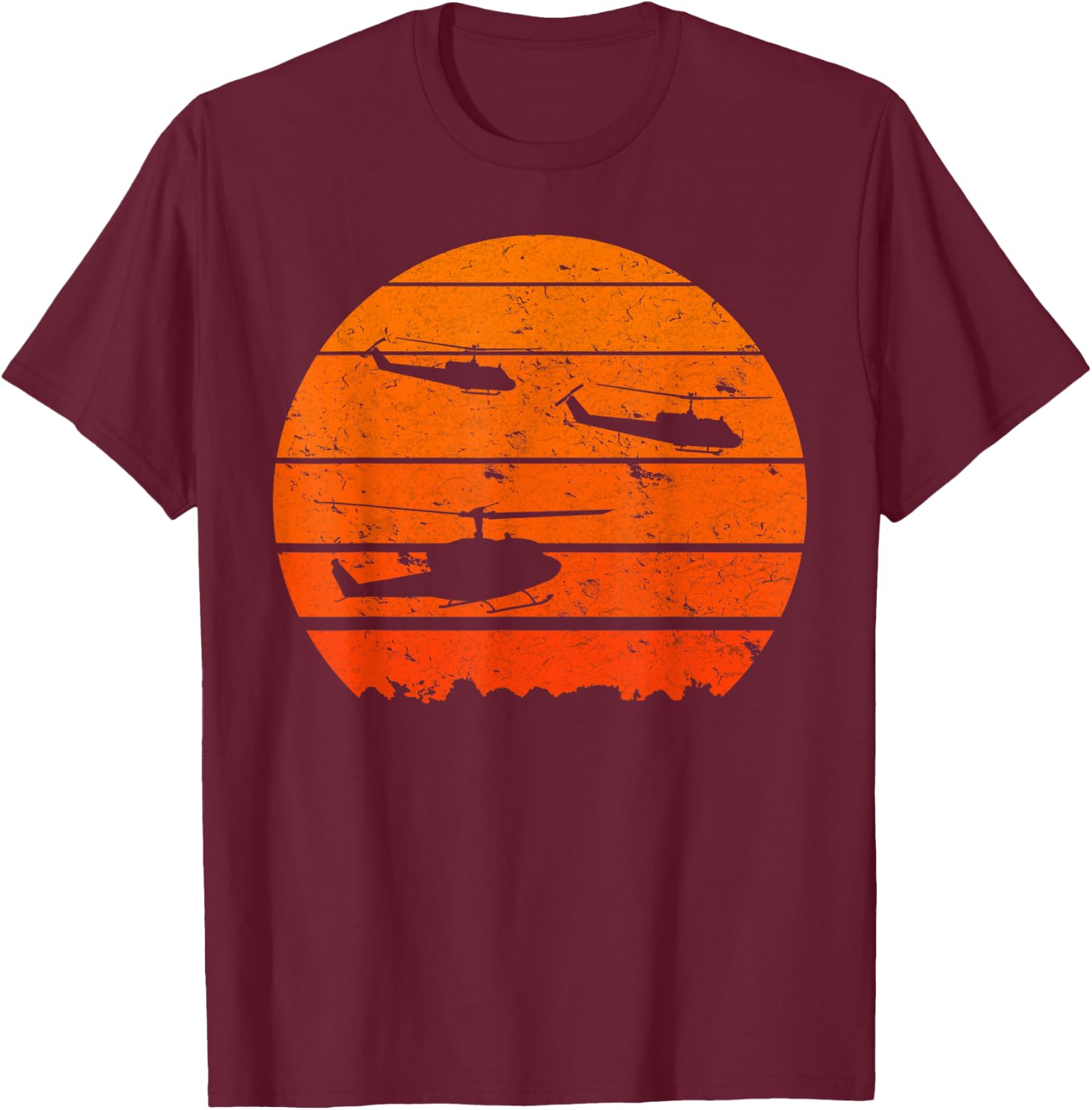 Huey Jungle Sunrise Retro Helicopter Vintage Military T-Shirt - T-Shirt | Maroon