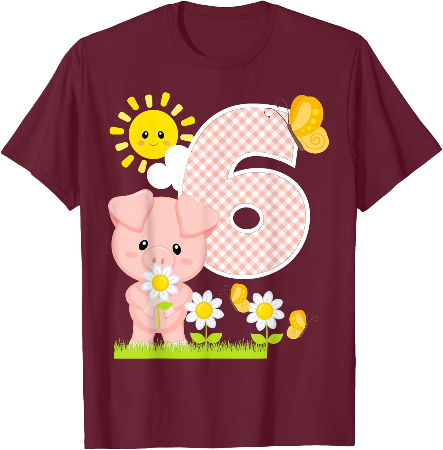 Pig 6th Birthday Girl 6 Year Old Birthday Cute Piglet Bday T-Shirt - T-Shirt | Maroon