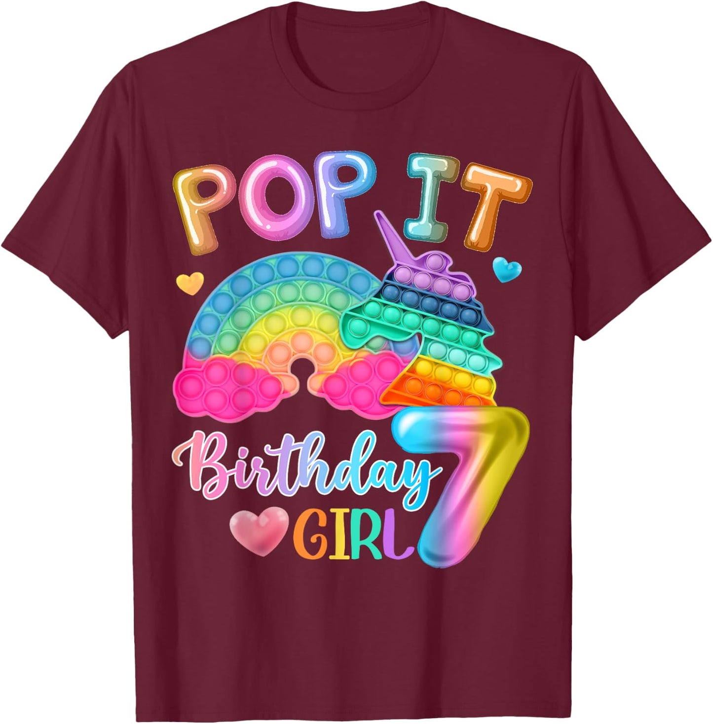Kids Pop It Birthday Girl 7 for 7yr Old Girls Unicorn Party T-Shirt - T-Shirt | Maroon
