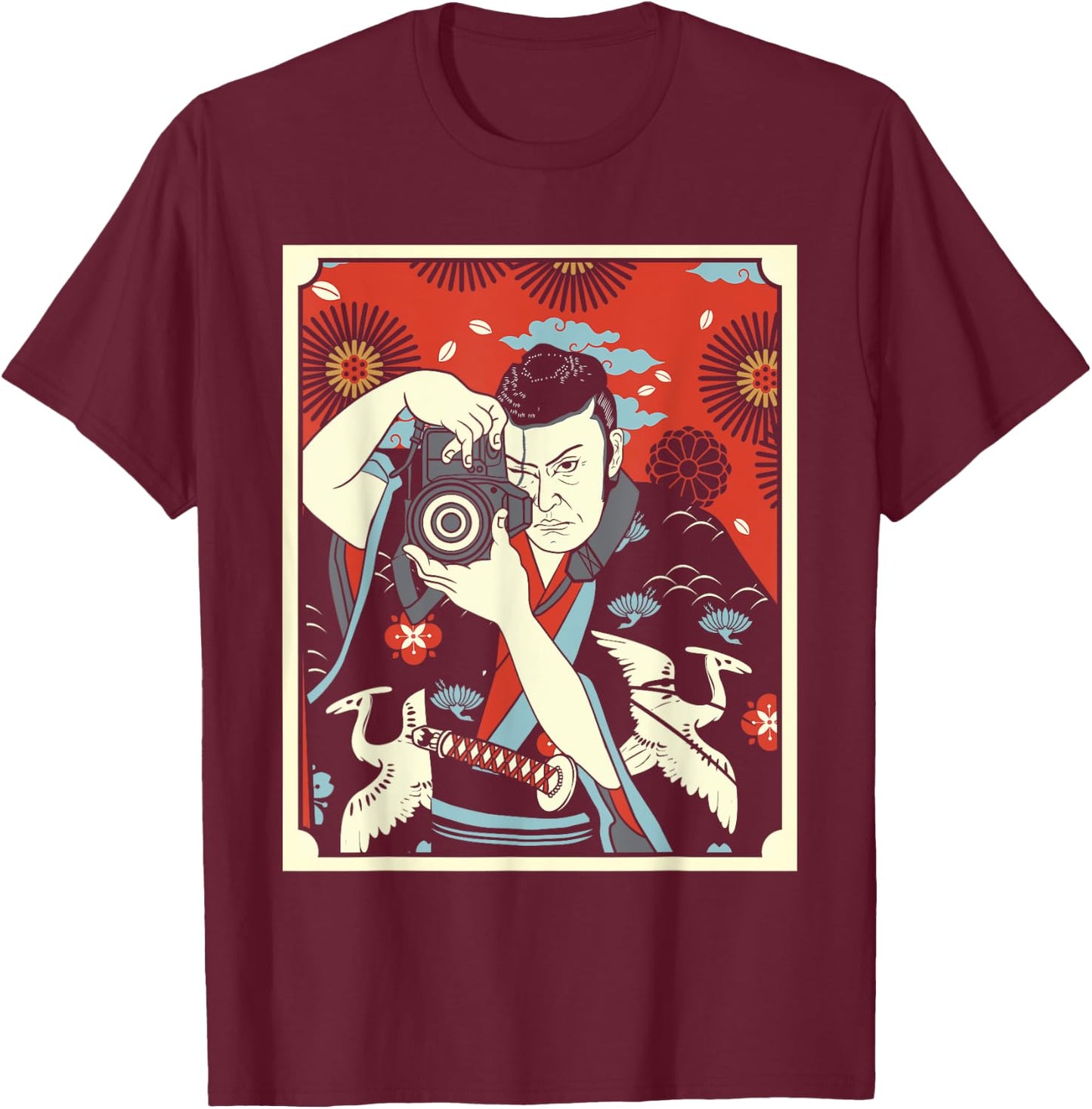 Photographer Japanese Samurai Warrior Armor Sword Mask T-Shirt - T-Shirt | Maroon