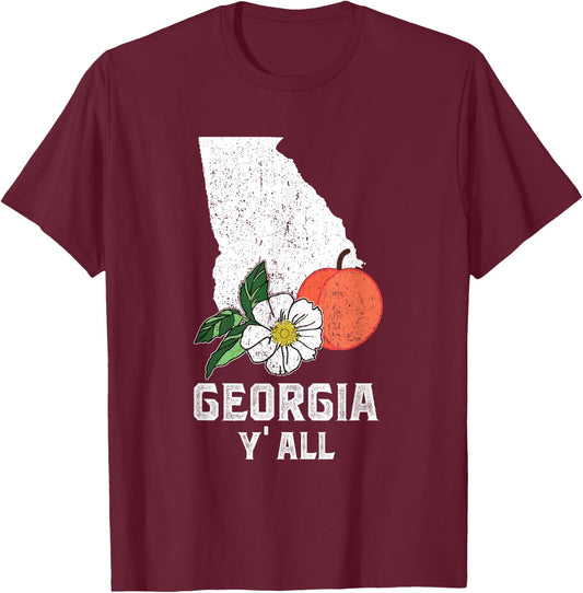 Georgia Y' All Peach State Cherokee Rose Vacation Souvenir T-Shirt - T-Shirt | Maroon