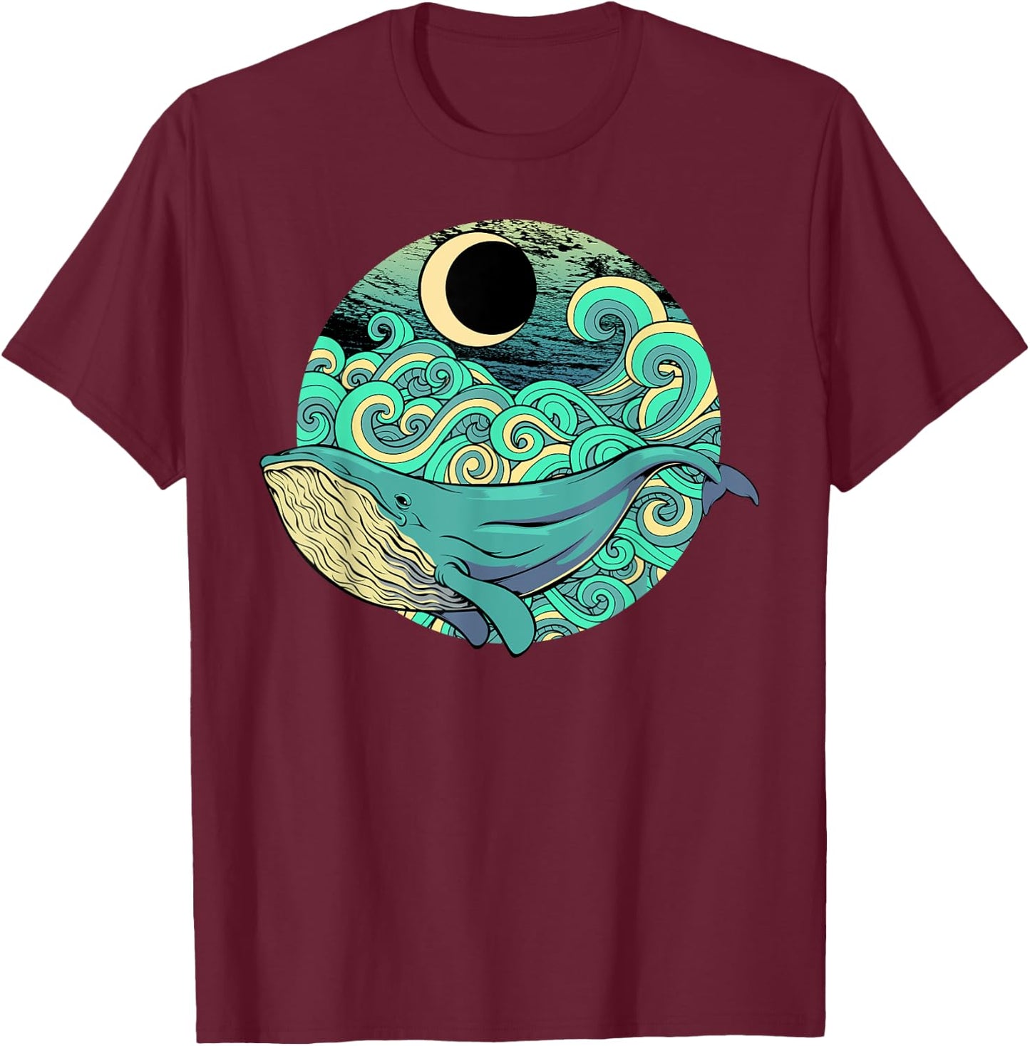 Humpback Whale Marine Life Ocean Nature Sea Blue Waves Moon T-Shirt - T-Shirt | Maroon