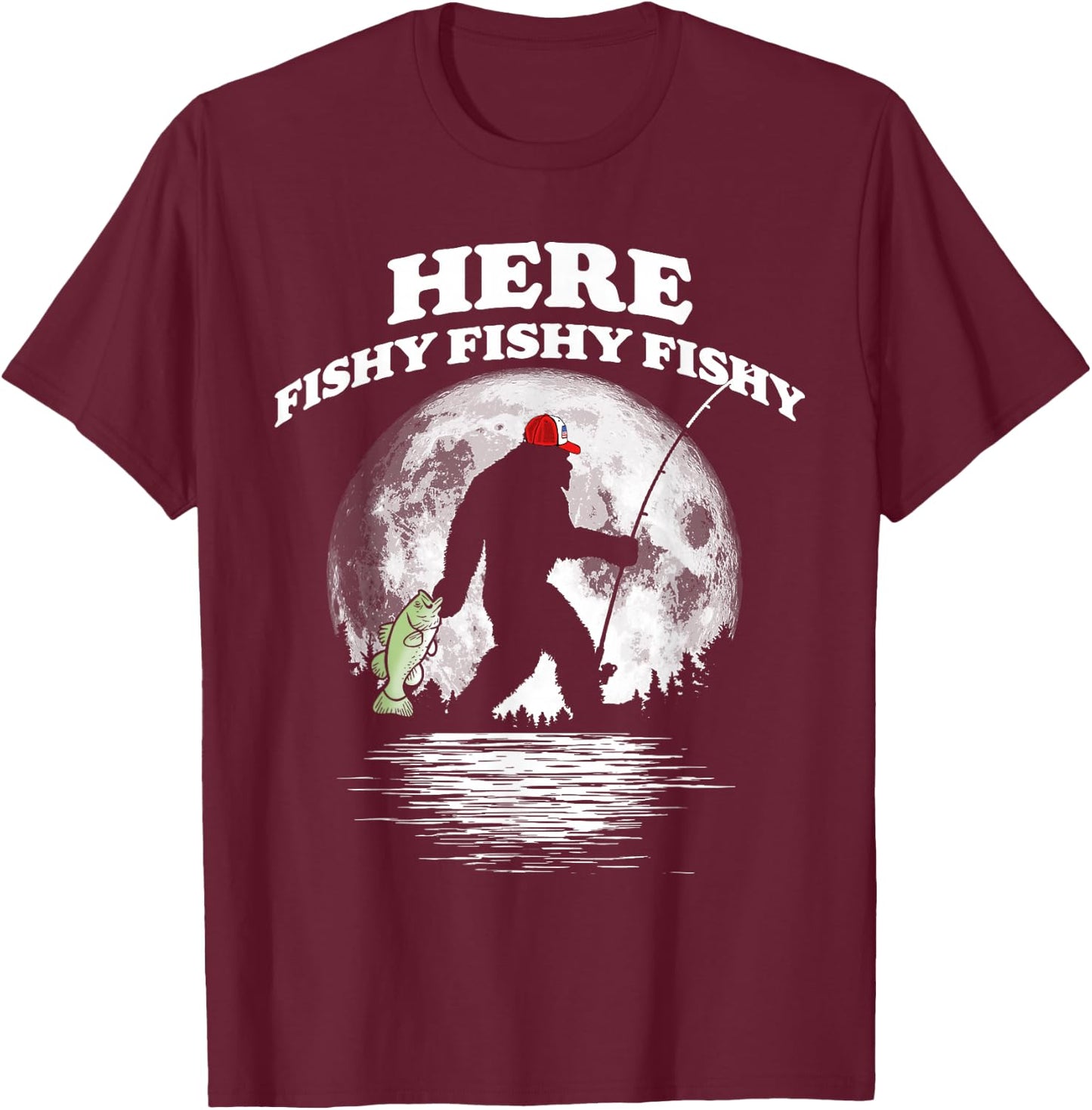 Bigfoot Bass Night Fishing! Fishy Bassquatch Sasquatch T-Shirt - T-Shirt | Maroon