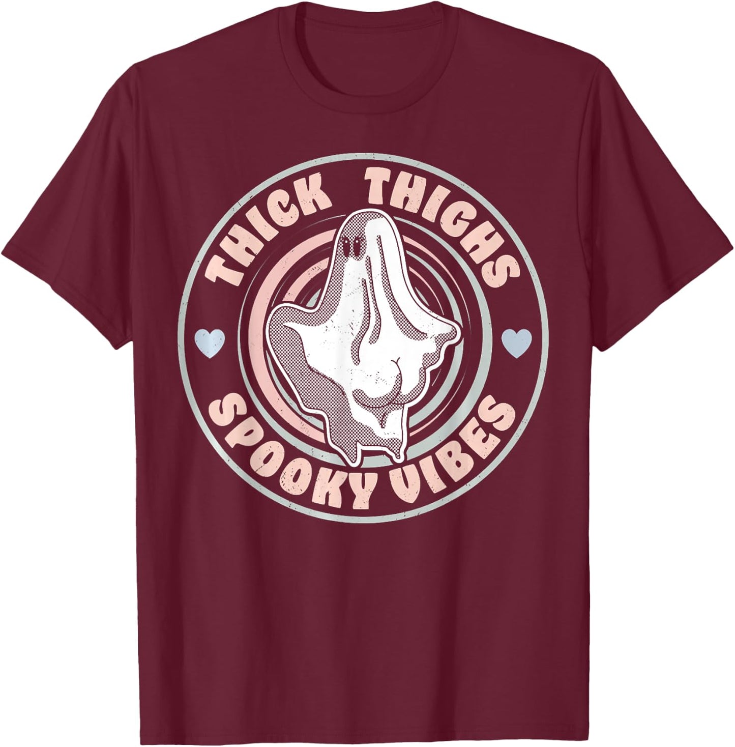 Thick Thighs Spooky Vibes Funny Halloween Ghost Pastel Goth T-Shirt - T-Shirt | Maroon
