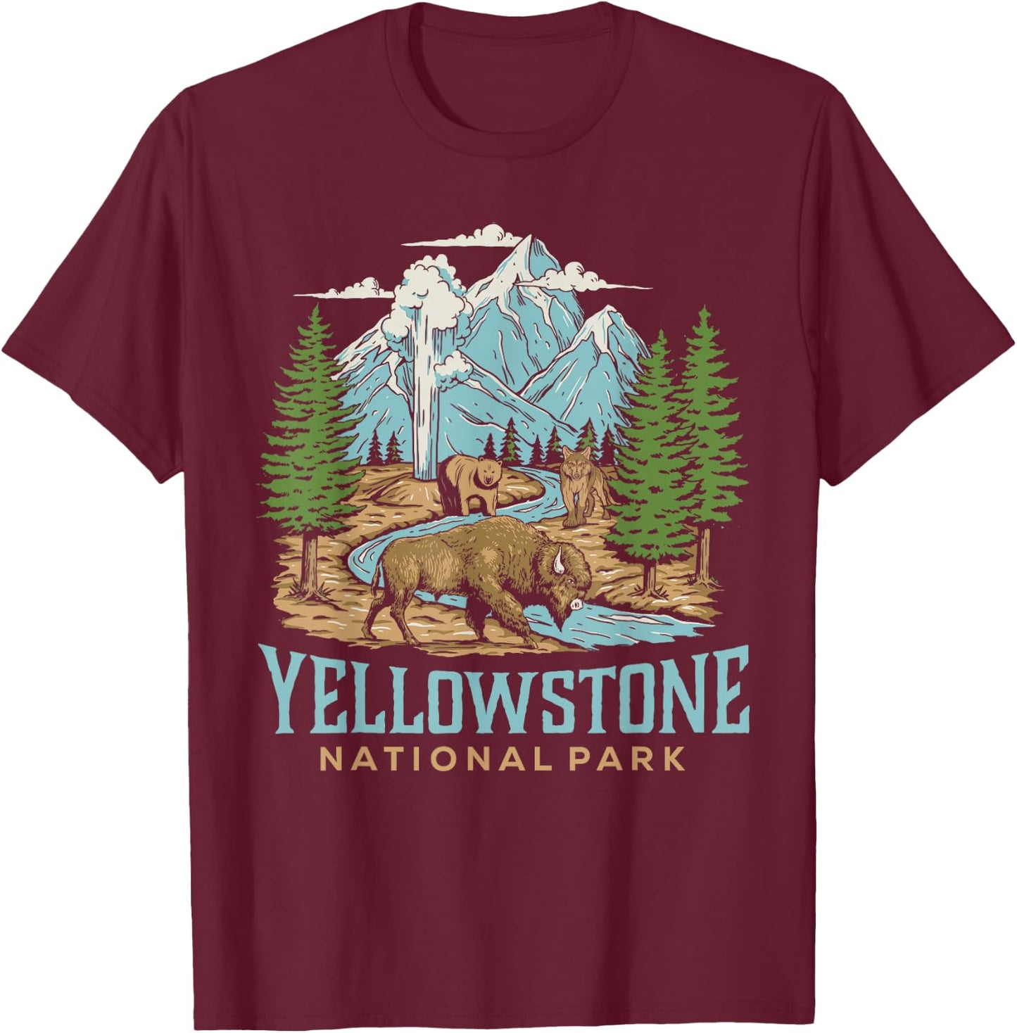 Yellowstone US National Park Wolf Bison Bear Vintage Gift T-Shirt - T-Shirt | Maroon
