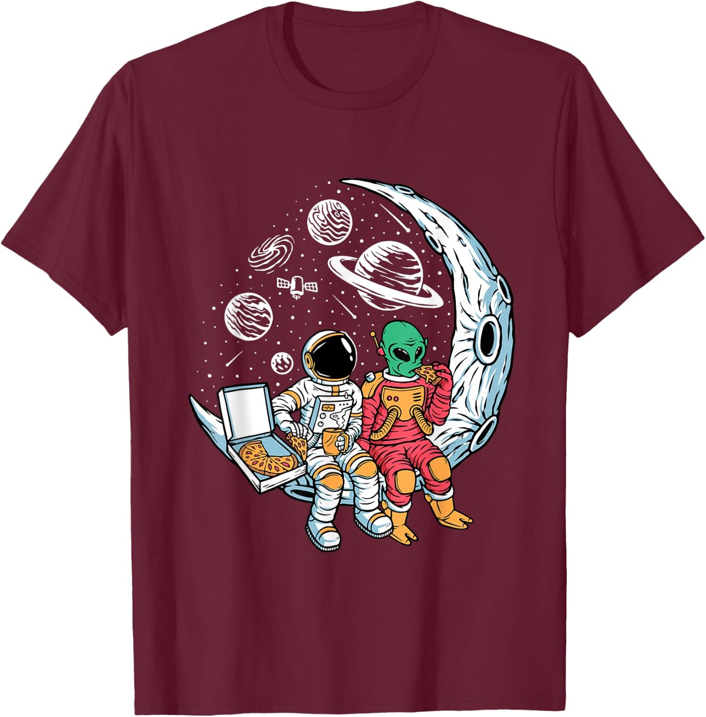 Astronaut Alien Eating Pizza in Space Chilling on the Moon T-Shirt - T-Shirt | Maroon