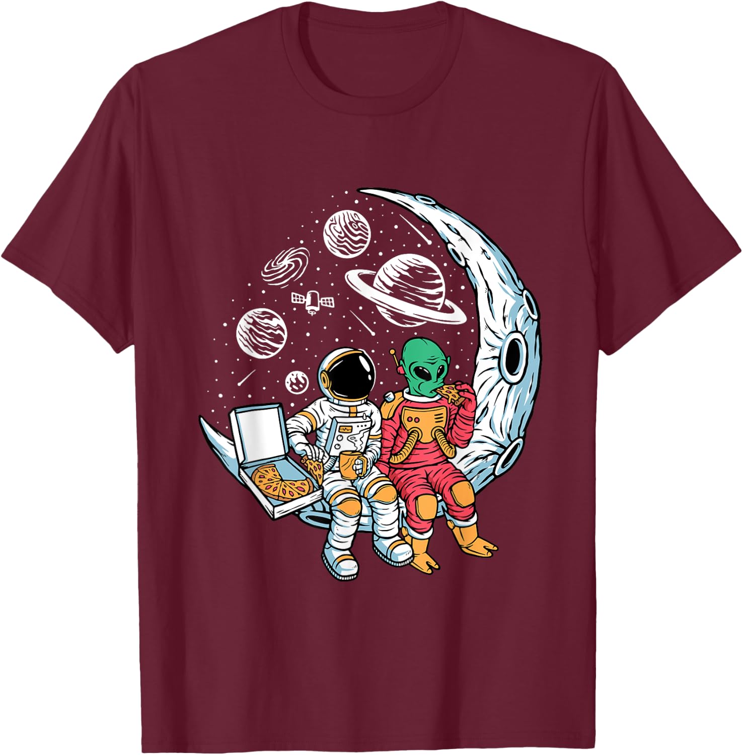 Astronaut Alien Eating Pizza in Space Chilling on the Moon T-Shirt - T-Shirt | Maroon