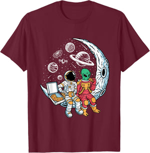Astronaut Alien Eating Pizza in Space Chilling on the Moon T-Shirt - T-Shirt | Maroon